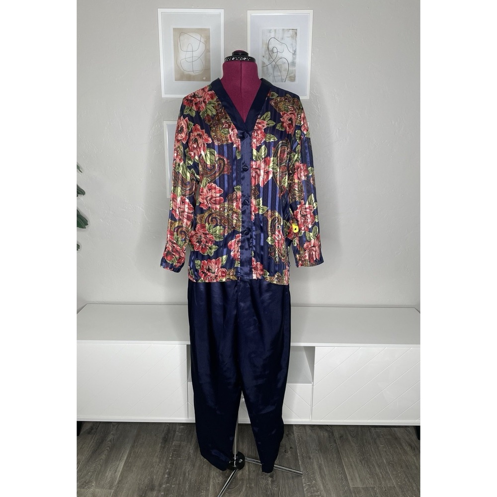 Victoria's Secret Pajama Set Womens S Blue Floral Paisley Satin Striped Vintage
